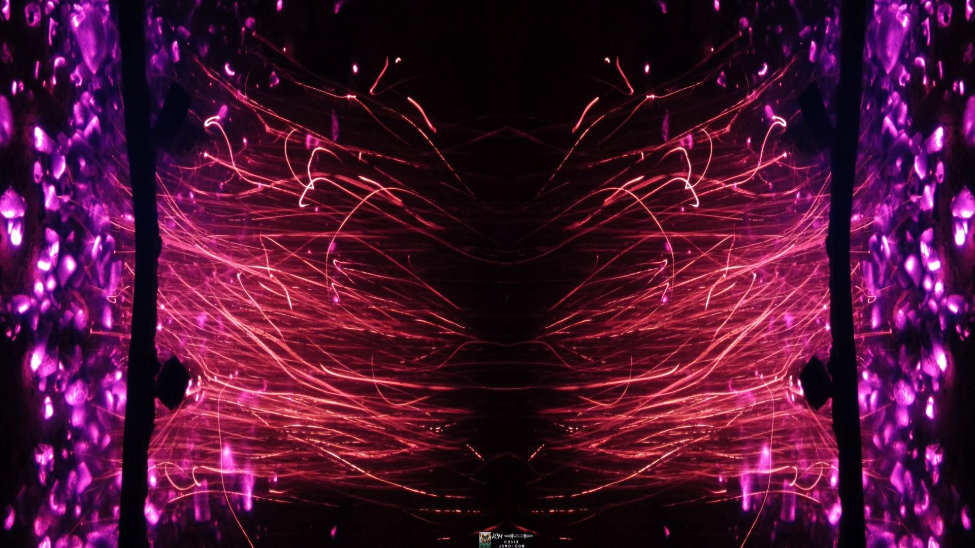 Quadroscopic art made from a still image � Fireplace coals and firefall